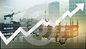 Stock financial index show successful investment on property business and construction industry urban buildings image with graph