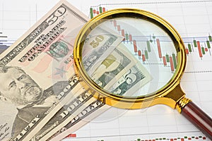 Stock financing, money, economic charts and a magnifying glass. Background for business ideas and design