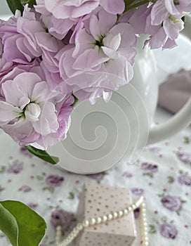Stock flowers in a ceramic jug