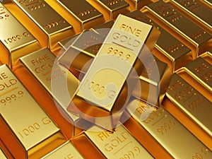 Stock of gold bars stacking by 3d rendering technique , Gold is safety saving and reserve fund of each country