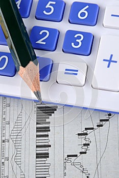 Stock graph, pencil and calculator
