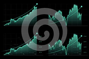 Stock graphs or statistical data showing business profits on a pure black background. Holographic graphs and stock market