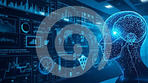 A digital representation of a human head with a neural network pattern