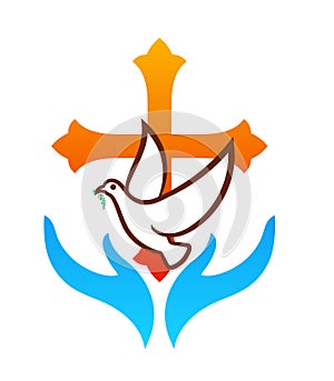 Cross with bible and dove logo icon.