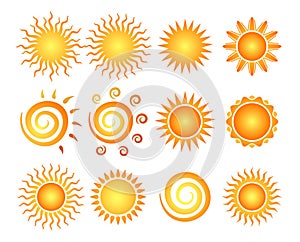 Sun vector yellow illustration flat icons set.