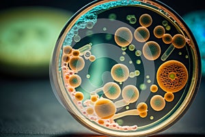 Close-Up View of Bacteria and Virus Cells in Petri Dish, generative ai