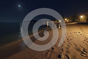 Serene Nighttime Scene of a Superior Sandy Beach, Generative AI