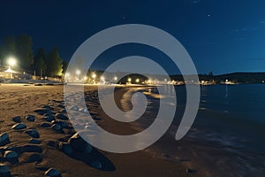 Serene Nighttime Scene of a Superior Sandy Beach, Generative AI