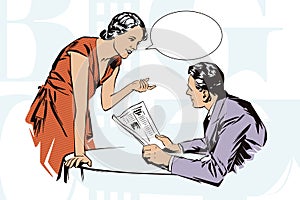 Stock illustration. People in retro style pop art and vintage advertising. Client cafes talking with the waitress photo