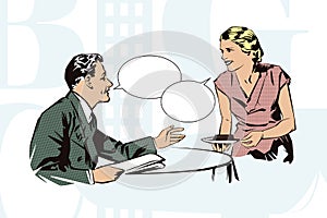 Stock illustration. People in retro style pop art and vintage advertising. Client cafes talking with the waitress