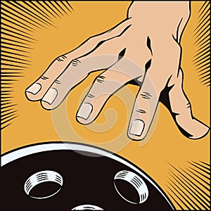 Stock illustration. Style of pop art and old comics. Hand with a bowling ball.