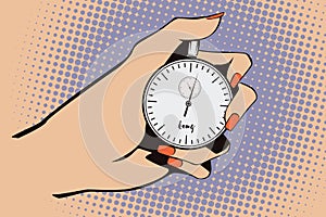 Stock illustration. Style of pop art and old comics. Stopwatch in hand.