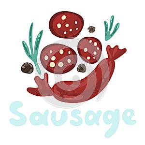 Stock illustration whole grilled sausage and slices. Rosemary leaves and pepper. Farm food homemade meat. Cartoon flat