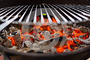 Stock image of charcoal fire grill, close up with live flames.