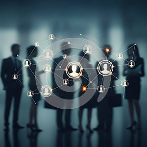 Silhouetted Business People Connected by Glowing Network Icons photo
