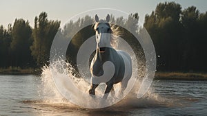 Splendid White Horse Splashing - Wild Spirit, River Run, Equine Grace, Nature's Power, Serene Beauty, Freedom in Motion