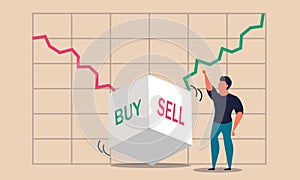 Stock invest and sell or buy betting dice. Choice exchange and risk uncertainty diagram vector illustration concept. Global
