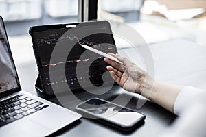 Stock investor holding a pen pointing a tablet screen that opens a stock chart program to read stock price charts.