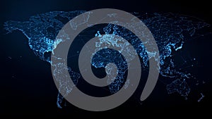 A digital world map highlighting continents with interconnected blue lines and points on a dark background