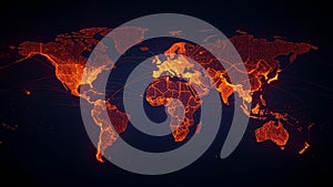A world map visualization featuring a digital network design.