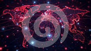 A digital world map with a technological theme, featuring a dark background