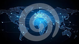 Digital world map visualization against a dark background.