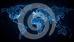 A digital rendering of a world map featuring a futuristic theme