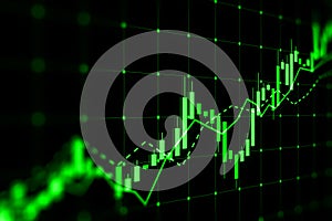 Stock market, analysis and economy growth concept with rising digital green financial chart graphs on dark blurry technological