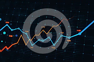 Stock market, analysis and economy growth concept with rising digital red and blue financial chart graphs on dark technological