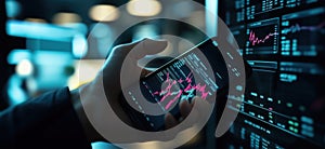 Stock market analysis on smartphone with digital graphs and data visualization