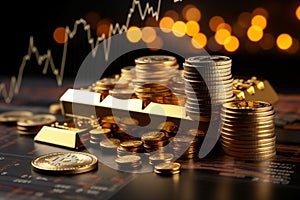 Stock market backdrop with gold bars and coins, representing business