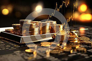 Stock market backdrop with gold bars and coins, representing business