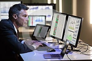 Stock Market Broker Analyzing Graph On Multiple Computer Screen