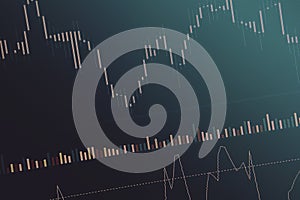 Stock market candle stick chart on screen. Market analysis, buying and selling figures in the chart.