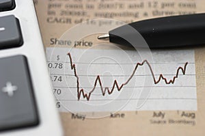 Stock market chart, with pen, closeup