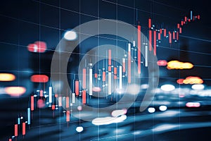 Stock market chart with red and blue bars representing price fluctuations, set against a cityscape background