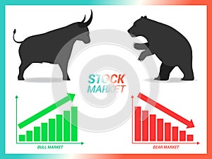 Stock market concept bull vs bear are facing and fighting on white background with downtrend and uptrend graph photo