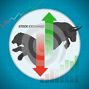 Stock market concept bull vs bear with up and down arrow