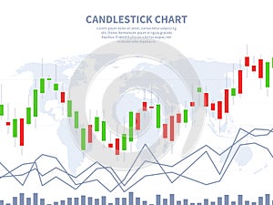 Stock market concept. Candle stick chart world map. Global financial marketing, exchange investment abstract forex