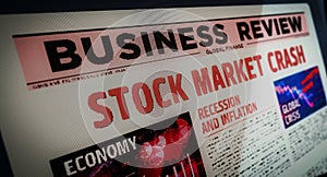 Stock market crash and business crisis newspaper on mobile tablet screen