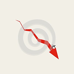 Stock market crash vector concept with downward arrow and businessman. Global financial crisis symbol.