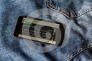 Stock market and cryptocurrency chart on your smartphone screen, which includes an up trend and a down trend. Stock market