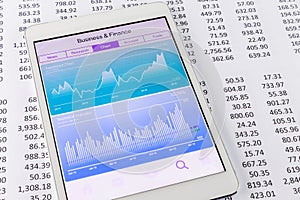 Stock market data and financial chart or graph on tablet