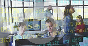 Stock market data processing against businesspeople working at modern office