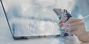 Stock Market Data Visualization and Financial Trading Analytics Dashboard on Touchscreen Tablet