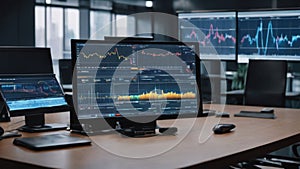 Stock market, digital technologies, graphs and charts on monitors, business and finance, IT companies, market analysis