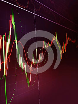 Stock market display board. Business graph with arrow showing profits and gains. Study the stock market data on the screen.