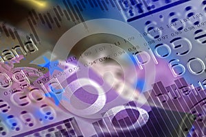 Stock market display or forex trading graph and candlestick chart on rows coins, banknote and gold.