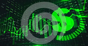 Stock market Dollar trading graph in green color as economy 3D illustration background.