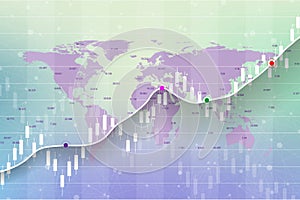 Stock market and exchange. Candle stick graph chart of stock market investment trading on World map background design